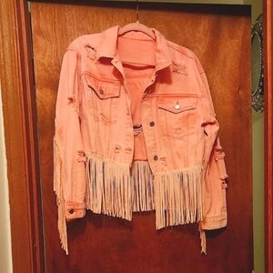 Fringed Pink Distressed Denim Jacket Size Medium New Without Tags